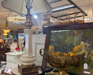 lamps, framed art, brass vase