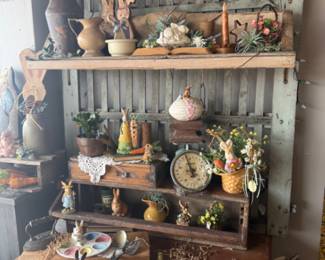 Easter themed decor, vintage scale, bunnies, chickens, ceramic figurines