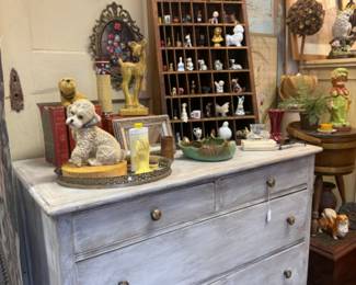 Vintage painted dresser, smalls, poodle figurine, framed floral art, vintage books