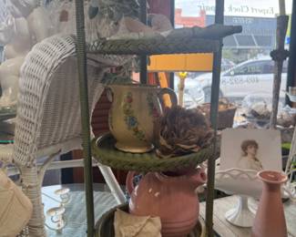 Pretty green plate or decorative stand, vintage floral pitcher, pink ceramic pitcher, milk glass