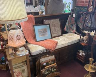 beautiful vintage lamp, large carved wooden bench