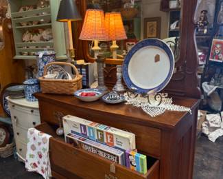 Beautiful antique dresser, lamps, tea bowls, books, games, dishware