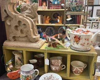 large ceramic tea pot, mugs, vintage books