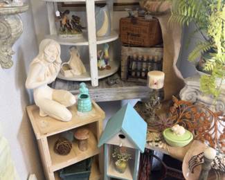 bird house shelf, statuary, butterflies, small side tables