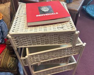 wicker nesting tables, coffee table photography book