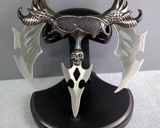 Maxam Exotic Fantasy Knife With Hinged Blade, 8.5" Blade, With Display Stand, And Maxam 3 Point Fantasy Knife, 8.5" X 8", With Display Stand 