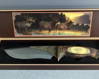 Maxam Drop Point Knife With Elk Decorated Handle, 5.5" Blade, In Display Box, And Maxam Lock Back Knife With Gold And Silver Accents, 2.5" Blade, In Display Box
