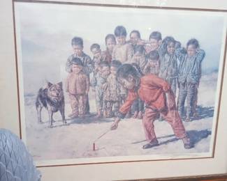Very large Chinese lithograph numbered signed children setting firecrackers very cool.