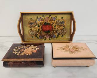 Lot 194 Robert M. Weiss Hand painted Tray and Vintage Made in Italy Music Boxes
