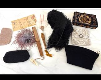 Lot 566 Vintage Beaded Clutch Purses  Tapestry Clutch  Hat Feathers