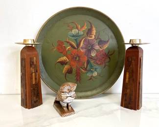 Lot 316 Vintage Toleware Handpainted Floral Metal Tray  Olive Wood Candlesticks  Carved Stone Owl