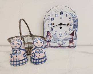 Lot 294 Delft Made in Germany Vintage Clock  SaltPepper Shakers  Metal Basket