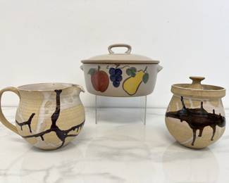 Lot 406 Signed Studio Pottery Creamer  Sugar Bowl  Chatham Potters Country Harvest Casserole