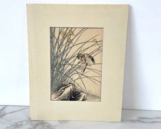 Lot 363 Antique Japanese Woodblock Bird Art Print Chestnut Bunting and Narcissus Daffodil