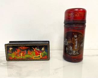Lot 534 Vintage Hand Painted Russian Lacquer Trinket Box  Chinese Fortune Telling Sticks