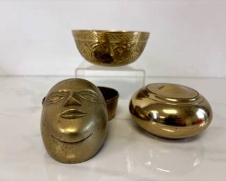Lot 561 Vintage Chinese Brass Etched Bowl  Brass Indian Gauri Head Trinket Box  Paperweight