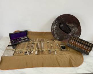 Lot 390 Antique WWI Medical Surgical Field Kit  ENT Kit  Apothecary Kit  Metal Bedpan