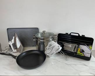 Lot 436 Revereware Pot w Steamer Basket  Scanpan Skillet  MIU Mandolin Slicer  Rowenta Focus Iron  Kitchenaid Mixer  more