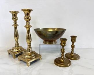 Lot 564 Vintage Etched Brass Bowl  Brass Candlestick Holders