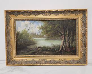 Lot 225 Antique Oil Landscape on Canvas Art Painting  Boat on The Shore 