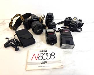 Lot 704 Vintage Nikon FE2  Nikon N8008 35mm Cameras  Lenses  Accessories