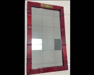 Lot 675 Red Stitched Leather Bound Mirror with Brass Deer Detail