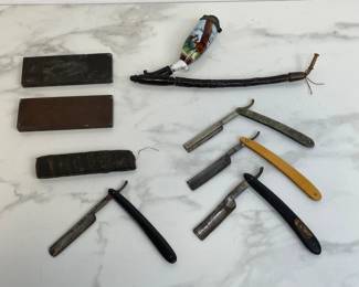 Lot 533 Vintage Straight Blade Razors  Sharpening Stones  Vintage German Smoking Pipe