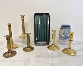 Lot 457 Brass Candle Sticks  Studio Pottery Jar  Cape Cod Colonial Candles