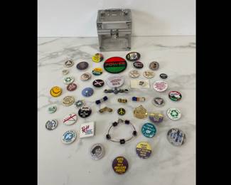 Lot 587 Vintage 80s Political Pins  Buttons  Military Badges  Glass Bead Bracelet  Acrylic Box