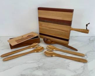 Lot 246 MultiWood Cutting Board  Wood Serving Spoons  Handcrafted Pencil Box