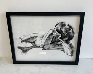 Lot 648 Justin Hsu Signed  Female Figure  Listening Compressed Charcoal Art