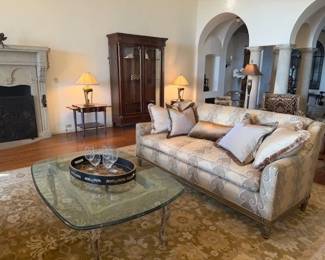 7' Sofa ~ Glass Coffee Table on Carved Wood Base