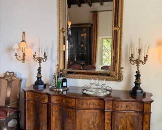 Sideboard Cabinet ~ Pr. Gilt Metal Figural Candelabra ~ Gilt Mirror with Mirror Insets