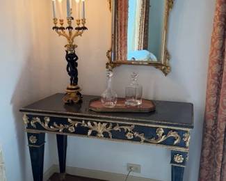 Black and Gilt Relief Table with Marble Top