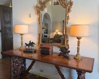Carved Wood Library Table With Stretcher Base ~  Ornate Gilt Mirror                  