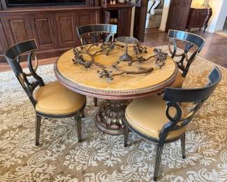 Round Marble Pedestal Table with 4 Black/Gilt Chairs