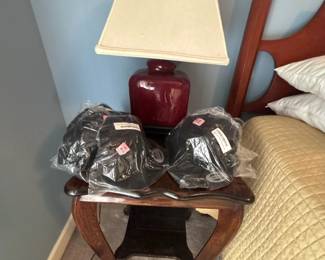 Wood nightstand with table lamp