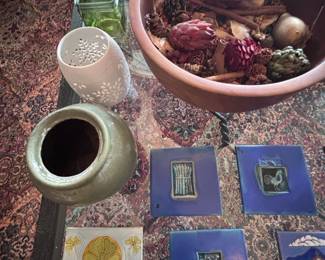 Decorative tiles, pottery vase, and potpourri bowl