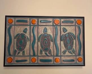 Arts and Crafts style decorative tile panel wall art, teal and orange geometric