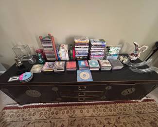 Asian-style black lacquer media cabinet, DVD and CD collection