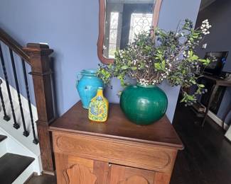 Oak washstand with mirror and vases