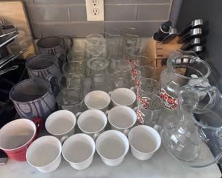 Glass pitchers and kitchen cups
