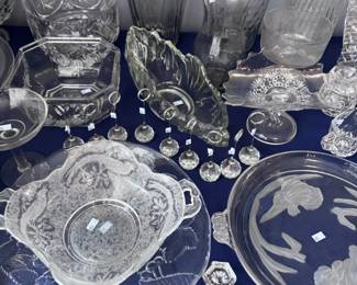 Pressed glass and crystal serving pieces, bowls, tumblers, candy dishes