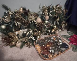 Gold Christmas garland, ornaments, holiday decorations lot
