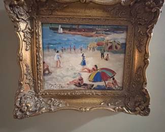 Original oil beach scene painting, ornate gilt frame
