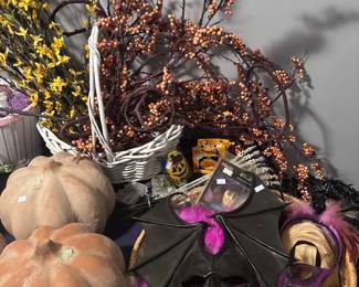 Fall Halloween decorations, pumpkins, bittersweet branches, seasonal decor