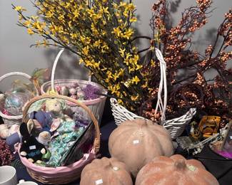Fall autumn decorations, decorative pumpkins, forsythia, seasonal decor lot