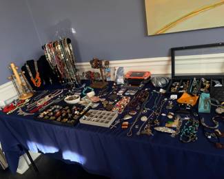 Jewelry collection display, necklaces, bracelets, brooches, turquoise, beaded