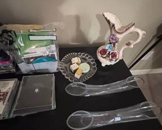 Porcelain floral pitcher and crystal serving pieces