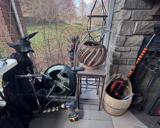 Wrought iron porch decor and copper pot